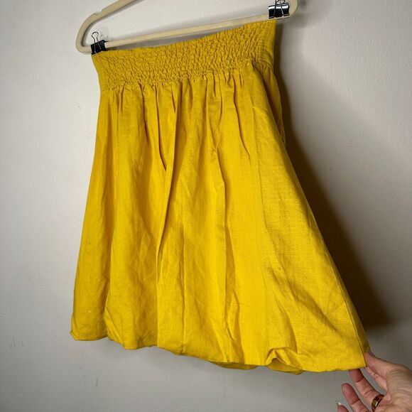 Yellow Linen Sleeveless Blouson Blouse Mini Dress Bead Bow Tie Front S - Picture 12 of 13